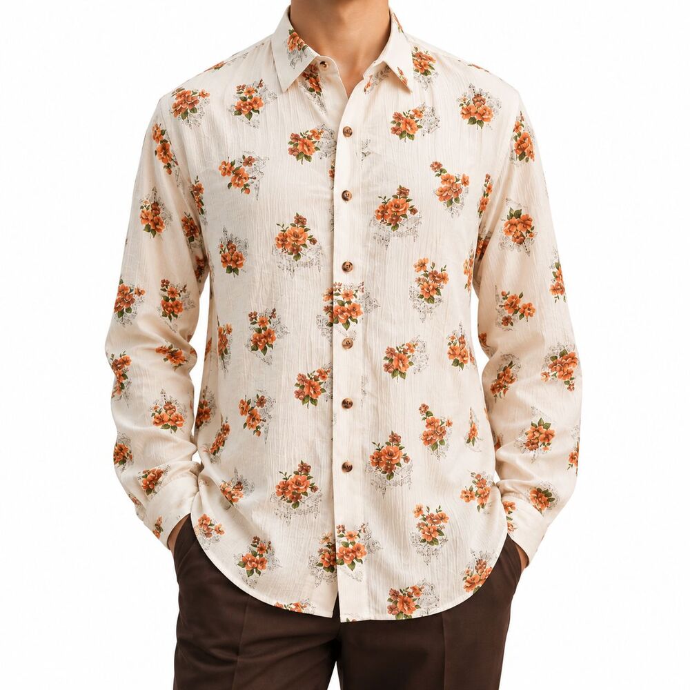 Mens Large Ivory Orange Floral Textured Cotton Long Sleeve Dress Shirt Retro NWT